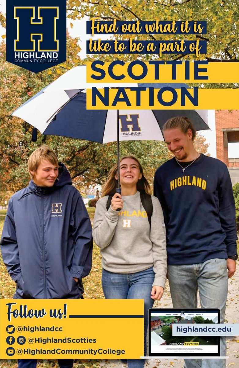 3 students walking on campus under an umbrella.